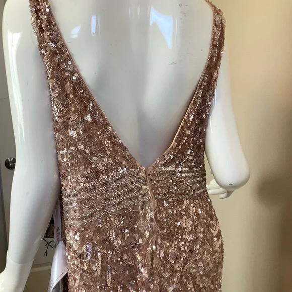MacDuggal Rose Gold Sequin Evening Gown with Slit and Train - Picture 8 of 14